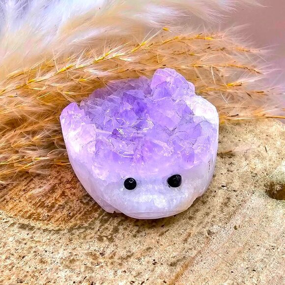 Nature Amethyst Cluster Hand Carved Cute Hedgehog Decor Figure - Picture 6 of 10